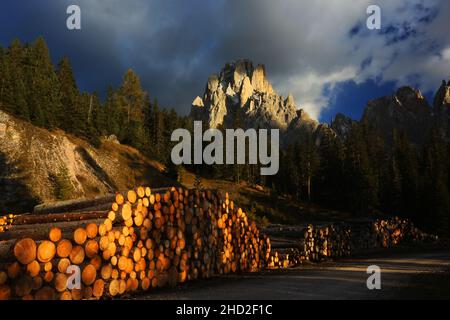 Langkofel, Berg, Fels,  Dolomiten, Panorama mit atemberaubender Wolkenstimmung und dramatischer Lichtstimmung in Südtirol in den Dolomiten in Italien Stock Photo