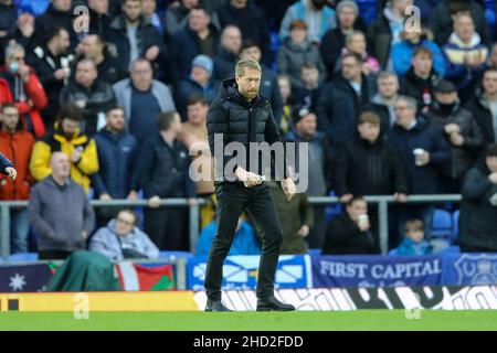 Everton, UK. 02nd Jan, 2022. Brighton and Hove Albion Manager Graham Potter makes his way to the dugout. Premier League match, Everton v Brighton & Hove Albion at Goodison Park in Liverpool on Sunday 2nd January 2022. this image may only be used for Editorial purposes. Editorial use only, license required for commercial use. No use in betting, games or a single club/league/player publications. pic by Chris Stading/Andrew Orchard sports photography/Alamy Live news Credit: Andrew Orchard sports photography/Alamy Live News Stock Photo