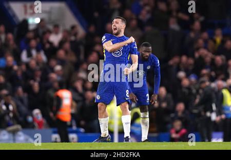 Chelsea's Mateo Kovacic celebrates scoring their side's first goal of the game during the Premier League match at Stamford Bridge, London. Picture date: Sunday January 2, 2022. Stock Photo