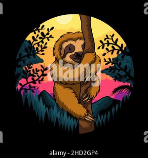 Sloth climb tree sunset retro vector illustration Stock Vector