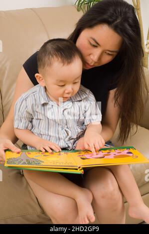 Vietnamese American family at home mother in her 20s with toddler son, reading book together, child pointing at illustration Stock Photo