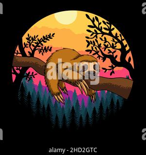 Sloth sleeping sunset retro vector illustration Stock Vector