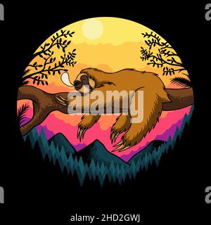 Sloth sleep sunset retro vector illustration Stock Vector