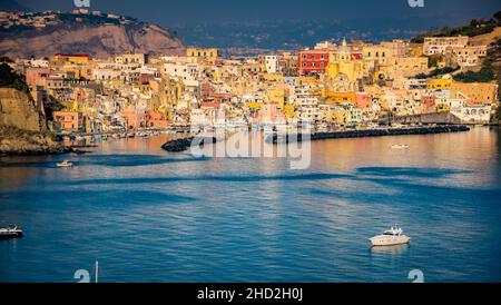 Aerial drone view of Corricella fisherman village in Procida island Naples Italy Stock Photo