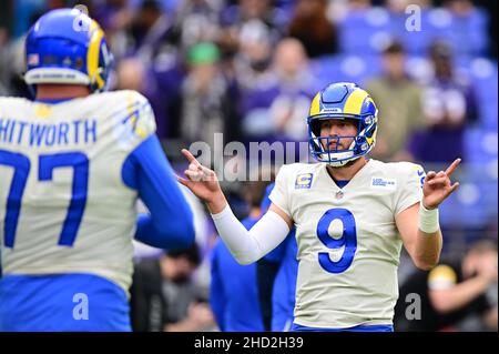 Baltimore Ravens kicker Justin Tucker (9) celebrates a field goal against  the Los Angeles Chargers in the second half of their AFC Wild Card playoff  game at M&T Bank Stadium in Baltimore