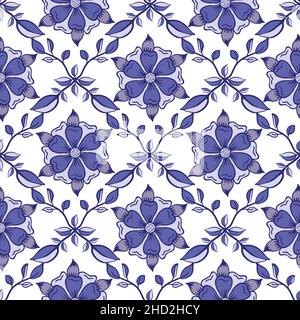 Medieval rose vector pattern seamless background. Azulejo tile style backdrop of hand drawn flower motifs. Periwinkle purple violet. Geometric Stock Vector