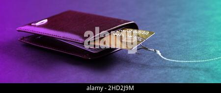 A fishing rod hook snagged a credit card in my wallet. Theft of data from credit cards. Hacker stole money from a credit card. Stock Photo