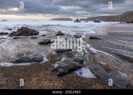 Beach and rocks at Marloes Sands just after high-tide in the winter, Pembrokeshire, South Wales Stock Photo
