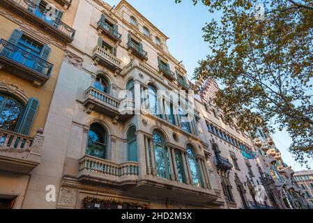 From below old apartment building with ornamental balconies located near autumn tree against blue sky on street of Barcelona, Spain Stock Photo