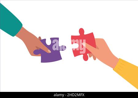 Hands assembling puzzle pieces together. Vector illustration Stock Vector