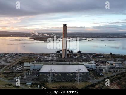 The last remaining section of the defunct Longannet power station in Fife was demolished today in a controlled explosion. the 600 foot tall chimney, which was Scotland’s tallest freestanding structure, was brought down by demolition experts as hundreds of locals watched.  (c) Dave Johnston Stock Photo