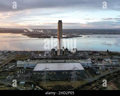 The last remaining section of the defunct Longannet power station in Fife was demolished today in a controlled explosion. the 600 foot tall chimney, which was Scotland’s tallest freestanding structure, was brought down by demolition experts as hundreds of locals watched.  (c) Dave Johnston Stock Photo