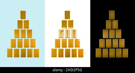 Gold bars of tiles built by a pyramid. Christmas trees in the form of a podium. Three isolated shapes on different backgrounds. Stock Photo