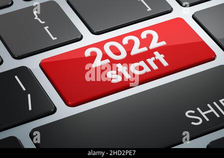 2022 start button on keyboard, 3D rendering Stock Photo