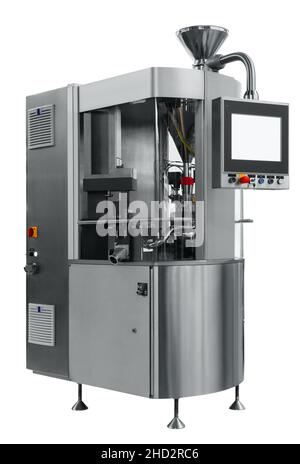 Pharmaceutical production line, production of tablets or vitamins manufacturing, tablet conveyor Stock Photo