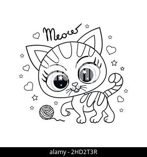 Cute kitten with a clew. Black and white linear image. Vector Stock Vector