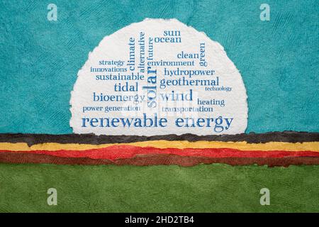 renewable energy word cloud on a circular watercolor paper against colorful abstract landscape Stock Photo