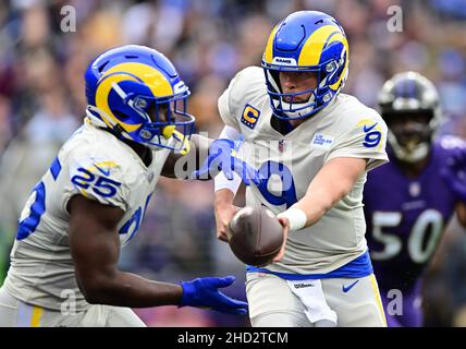 Baltimore, United States. 02nd Jan, 2022. Baltimore Ravens kicker Justin  Tucker (9) reacts after a 34 yard field goal against the Los Angeles Rams  during the second half at M&T Bank Stadium