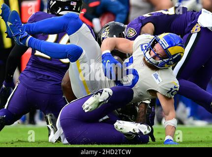 Baltimore, United States. 02nd Jan, 2022. Los Angeles Rams wide receiver Cooper Kupp (10) is tackled by Baltimore Ravens defenders during the first half at M&T Bank Stadium in Baltimore, Maryland, on Sunday, January 2, 2022. Photo by David Tulis/UPI Credit: UPI/Alamy Live News Stock Photo