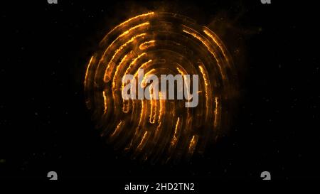 Amination of clorful fingerprint. Animation of appearance and disappearance of fingerprint with sparks on black background. Glowing Colorful Tracing F Stock Photo