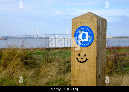 Waymarker post for Thames Path and the England Coast Path, a national trail that when complete will be 2,800 miles long. Swanscombe Peninsula,  Kent. Stock Photo