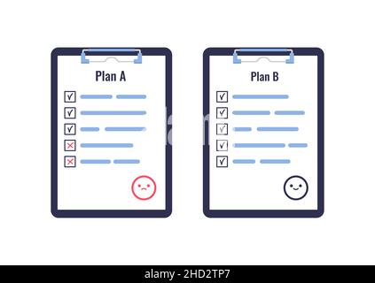 Plan A vs B on clipboard concept with sad and happy face. Stock Vector