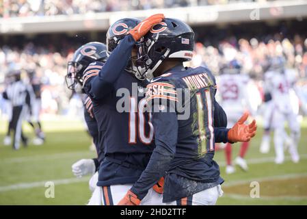 October 03, 2021: Chicago, Illinois, U.S. - Bears #11 Darnell Mooney  catches the ball before the NFL Game between the Detroit Lions and Chicago  Bears at Soldier Field in Chicago, IL. Photographer: