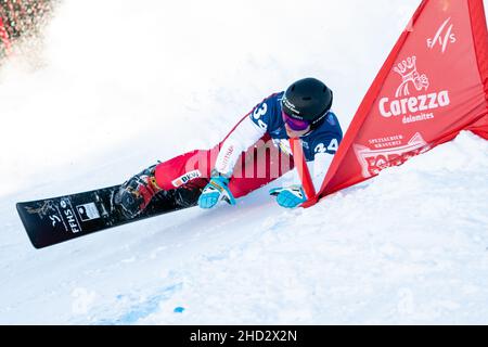 GALMARINI Nevin (SUI) competing in the Fis Snowboard World Cup 2022 Men's Parallel Giant Slalom on the Pra Di Tori (Carezza) Course. Stock Photo