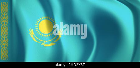 Flag of Kazakhstan waving in the wind. illustration background flag. Stock Photo