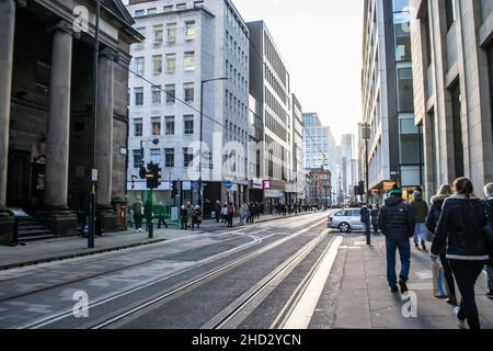 MANCHESTER, ENGLAND- 27 November 2021: Tramway on New York Street in Manchester, England Stock Photo