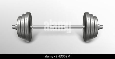 Metal realistic fitness barbell. Gym exercise equipment for bodybuilding training isolated on grey background. Silver iron sport object for weightlifting workout. Powerlifting gear for strong muscles. Stock Vector