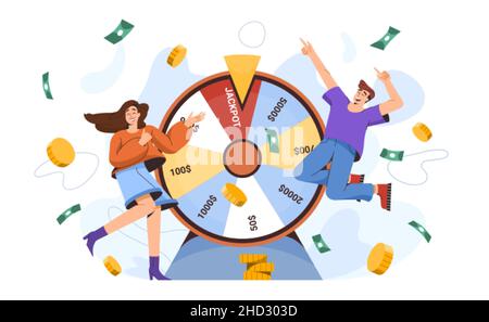 Flat lucky people near fortune wheel win money. Happy millionaires hit jackpot at casino. Cash prize in gambling game of chance. Characters winners with spinning roulette or rotating circle. Stock Vector