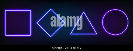 Realistic set of neon frames different geometric shapes with led backlighting .Glowing fluorescent border isolated on dark background. Bright illuminated shape of rectangle, square, circle and rhombus Stock Vector