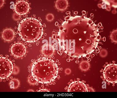Influenza virus. Red background. 3d illustration. Flu virus. Stock Photo