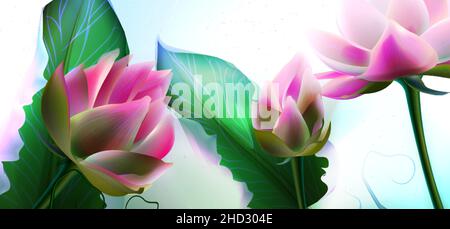 Beautiful pink lotus flowers with green leaves close up realistic vector illustration. Water lily or aquatic plant on green stem. Blossom flower and opening bud of waterlily. Stock Vector