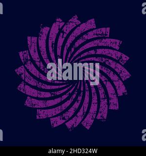 Violet grunge vector shape in spiral form. Distress urban texture of stains, ink, dots, stripes, scratches. Retro grunge pattern. Design element Stock Vector