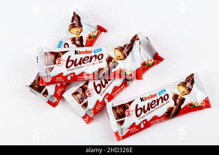 May 4, 2021. New York. Kinder Bueno chocolate bar with wafer and creamy nut filling. Stock Photo