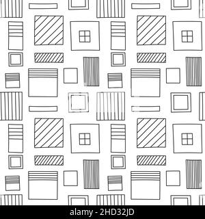 Abstract hand drawn seamless rectangle pattern, black and white texture. Stock Vector