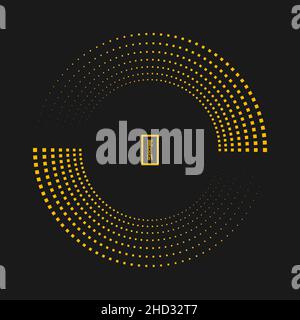 Tiny yellow squares in circle form. Yellow halftone dots. Trendy design element for border frame, round logo, blackout tattoo, sign, symbol, web pages Stock Vector