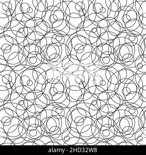 Abstract hand drawn seamless pattern, black and white messy round lines texture. Stock Vector