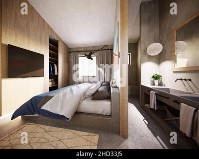 3D rendering of modern, contemporary villa interior with walk in bathroom, connected to the room Stock Photo