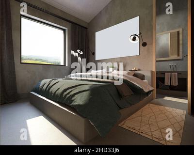 3D rendering of modern, contemporary villa interior with walk in bathroom, connected to the room Stock Photo