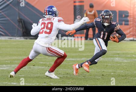 October 03, 2021: Chicago, Illinois, U.S. - Bears #11 Darnell Mooney  catches the ball before the NFL Game between the Detroit Lions and Chicago  Bears at Soldier Field in Chicago, IL. Photographer: