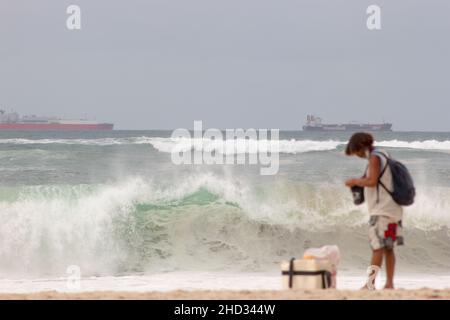 waves on Copacabana Beach in Rio de Janeiro, Brazil - September 23, 2021: waves breaking on famous Copacabana Beach in Rio de Janeiro. Stock Photo