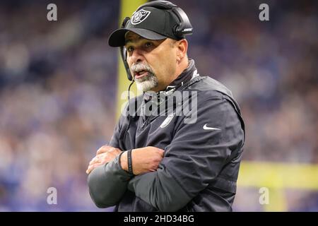 Indianapolis, Indiana, USA. 2nd Jan, 2022. Las Vegas Raiders head coach Rich Bisaccia on the sideline during the game between the Las Vegas Raiders and the Indianapolis Colts at Lucas Oil Stadium, Indianapolis, Indiana. (Credit Image: © Scott Stuart/ZUMA Press Wire) Credit: ZUMA Press, Inc./Alamy Live News Stock Photo