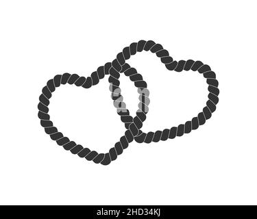 Two intertwined heart shaped ropes. Black cord isolated on white background. Valentine day design element in vintage nautical style. Vector graphic illustration Stock Vector