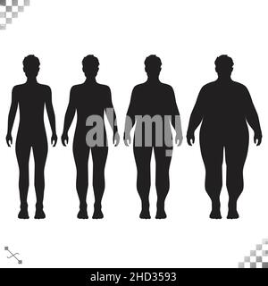 Silhouette Of Fat And Thin Peoples Weight Loss Of Overweight Man or unisex person And overweight Woman non gender generic silhouette adults Stock Vector