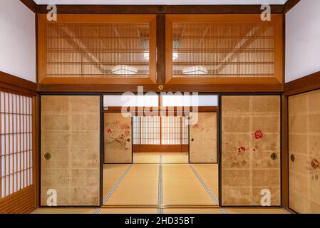 Koyasan, Japan - April 30, 2014: View of the interior of a traditional ryokan. Are a type of traditional Japanese inn that originated in the Edo  era Stock Photo