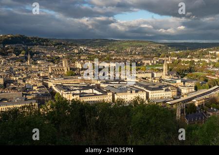 Aerial cityscape of Bath with the Abbey and Georgian rooftops below dramatic clouds in the World Heritage city of Bath, Somerset, England, UK Stock Photo