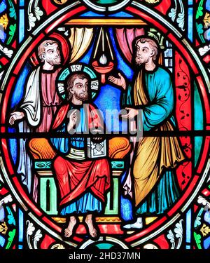 Scene from Life of Jesus, by Adolph Didron, Paris, 1860, stained glass window, Feltwell, Norfolk, England, Jesus meets and recruits disciple Stock Photo